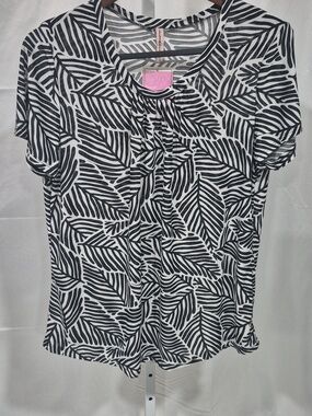 Black & White Leaf Print Short Sleeve Blouse Tropical